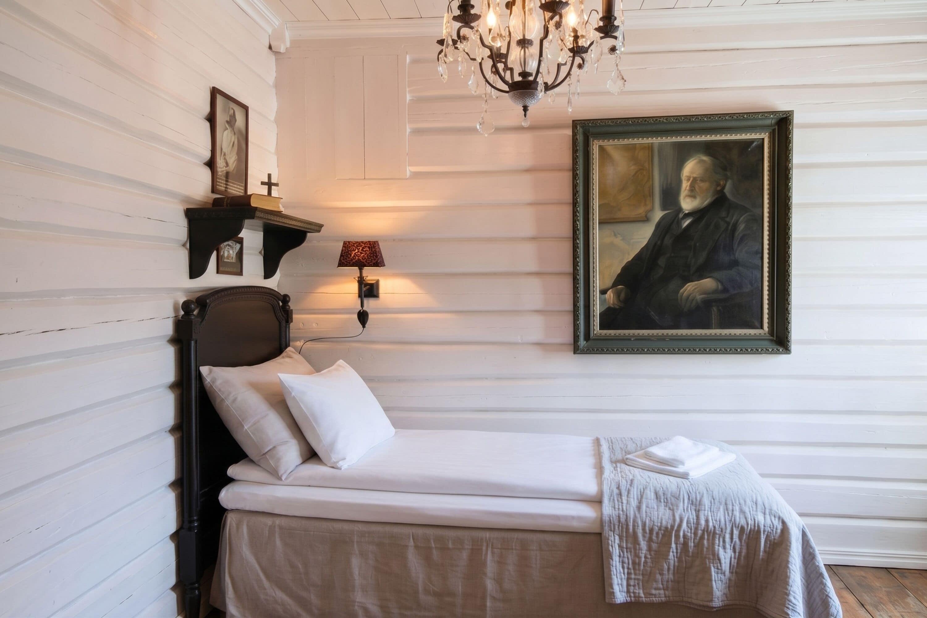 Une chambre à coucher bien rangée, avec un lit simple, une lampe fixée au mur, un portrait encadré et un lustre.