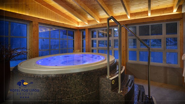 A hot tub in a room with wooden beams and large windows. - Hotel Pod Lipou (Modra)