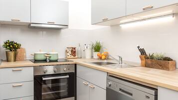 Fridge, microwave, stovetop, espresso maker