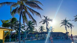 Een strandvolleybalveld met palmbomen en een gebouw op de achtergrond.