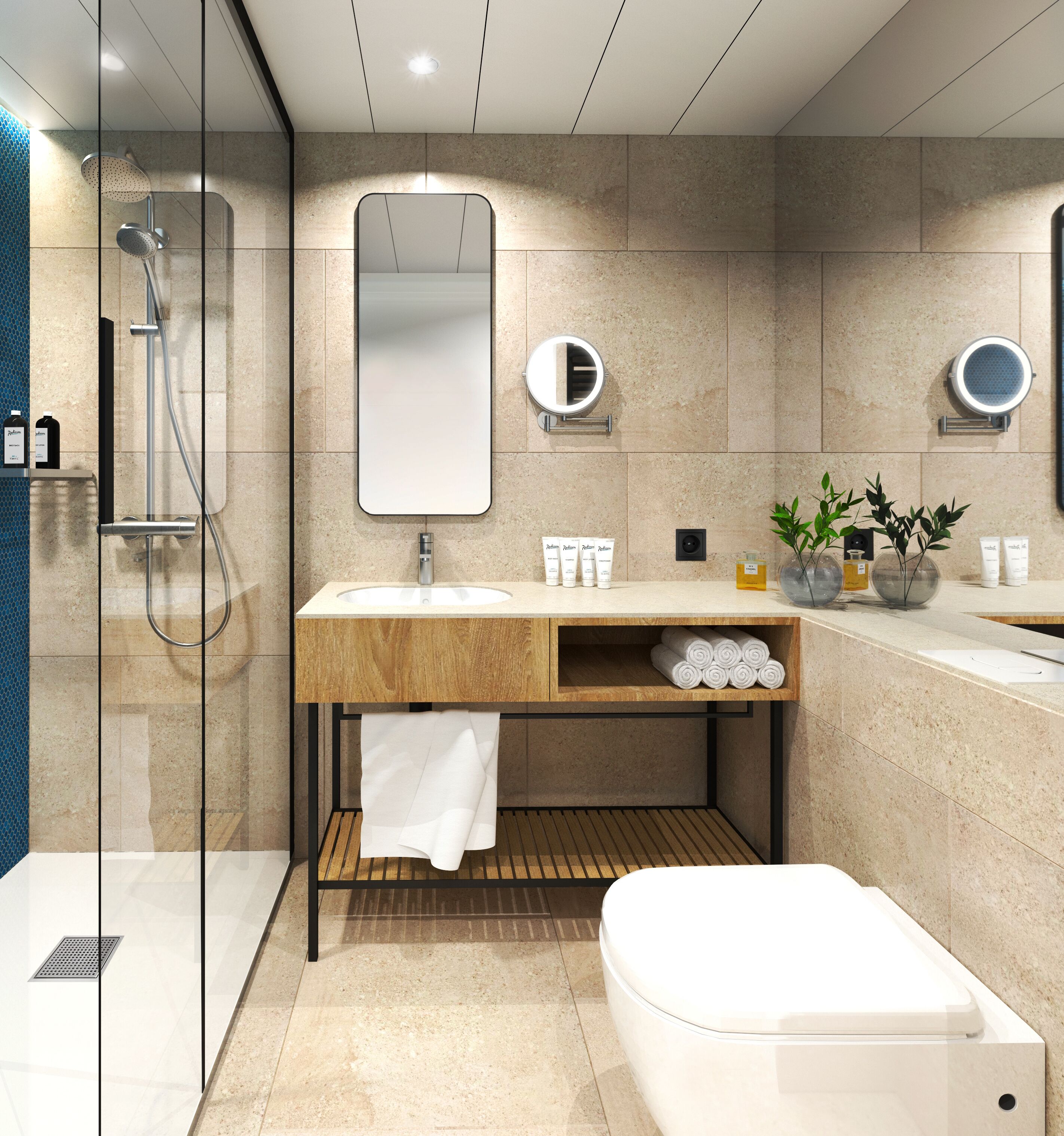 Shower, rainfall showerhead, eco-friendly toiletries, hair dryer