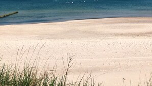 Een strand met heldere lucht, kalm water en schaarse begroeiing.