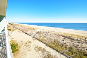 A beach view with a sandy path, a wooden fence, and a clear blue sky. - Worcester House 503 by RedAwning (Ocean City)