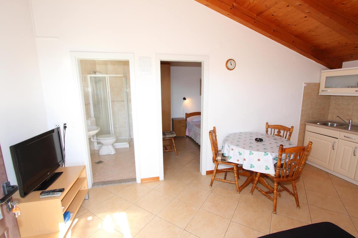 Un espacio habitable compacto con televisión, mesa de comedor, sillas, una zona de cocina y un baño.