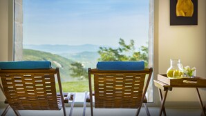 Zwei Korbstühle mit blauen Kissen vor einem großen Fenster mit Blick auf grüne Hügel und einen klaren Himmel.