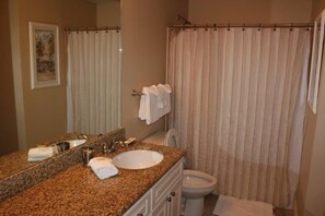Une salle de bain avec un lavabo en granit, un miroir, des toilettes et un rideau de douche.