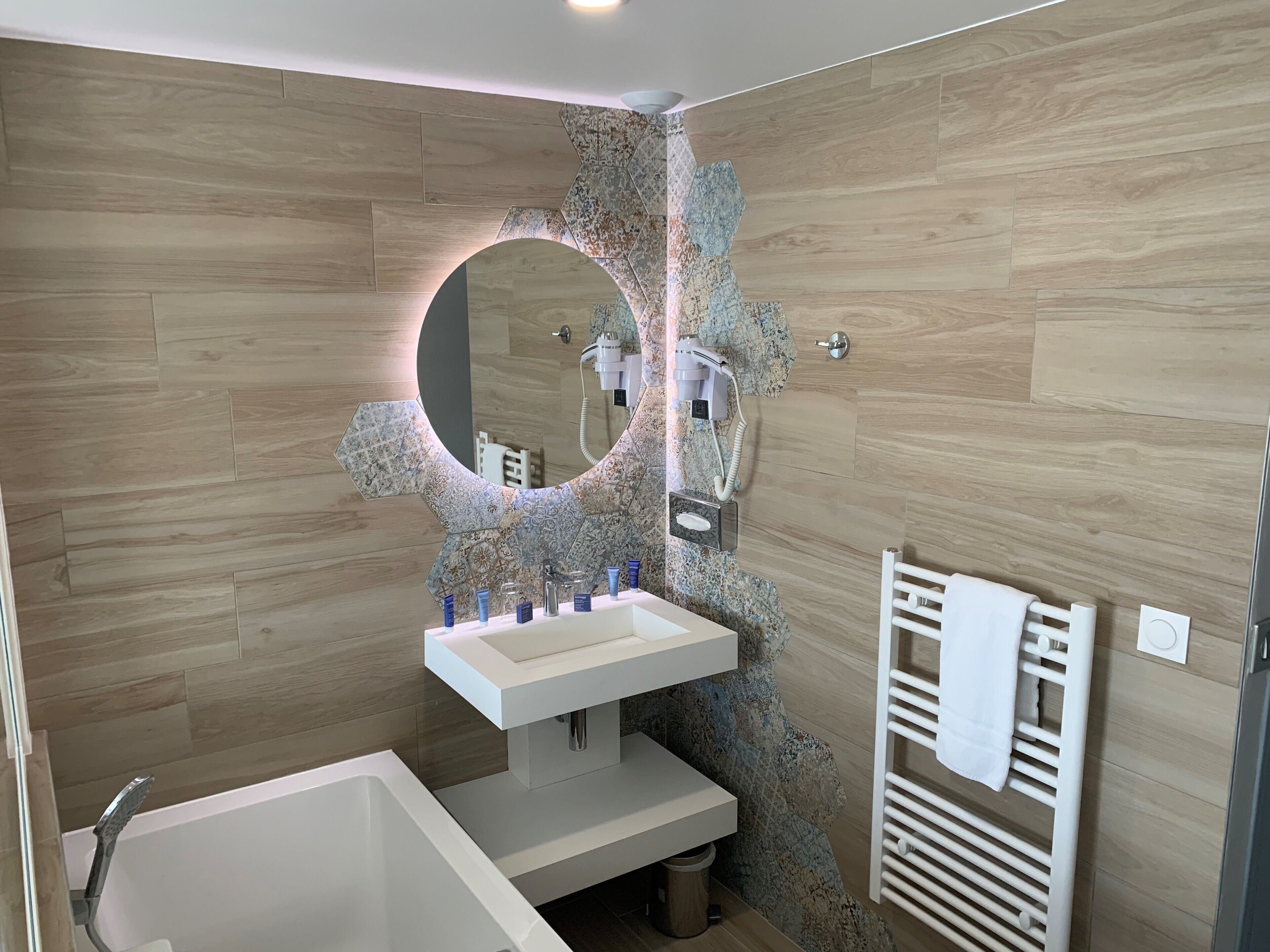 romantic room | bathroom | hair dryer, towels, soap, shampoo