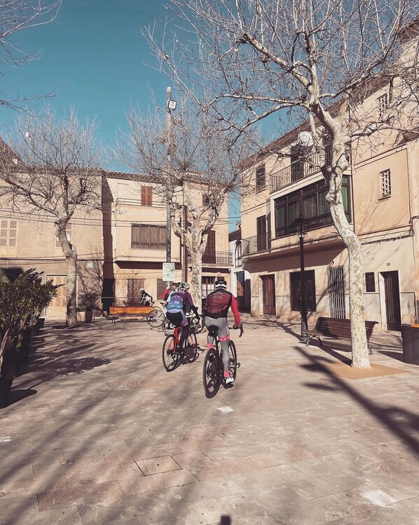 A paved street with cyclists, trees, and buildings with balconies and windows.