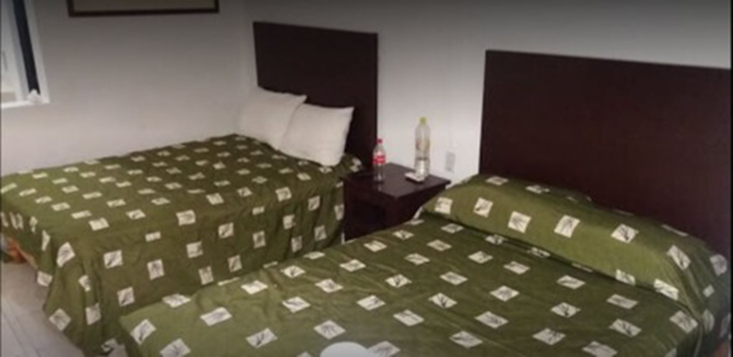 A hotel room with two single beds, each with a green patterned bedspread and white pillows. There is a nightstand with a water bottle and a lamp between the beds.