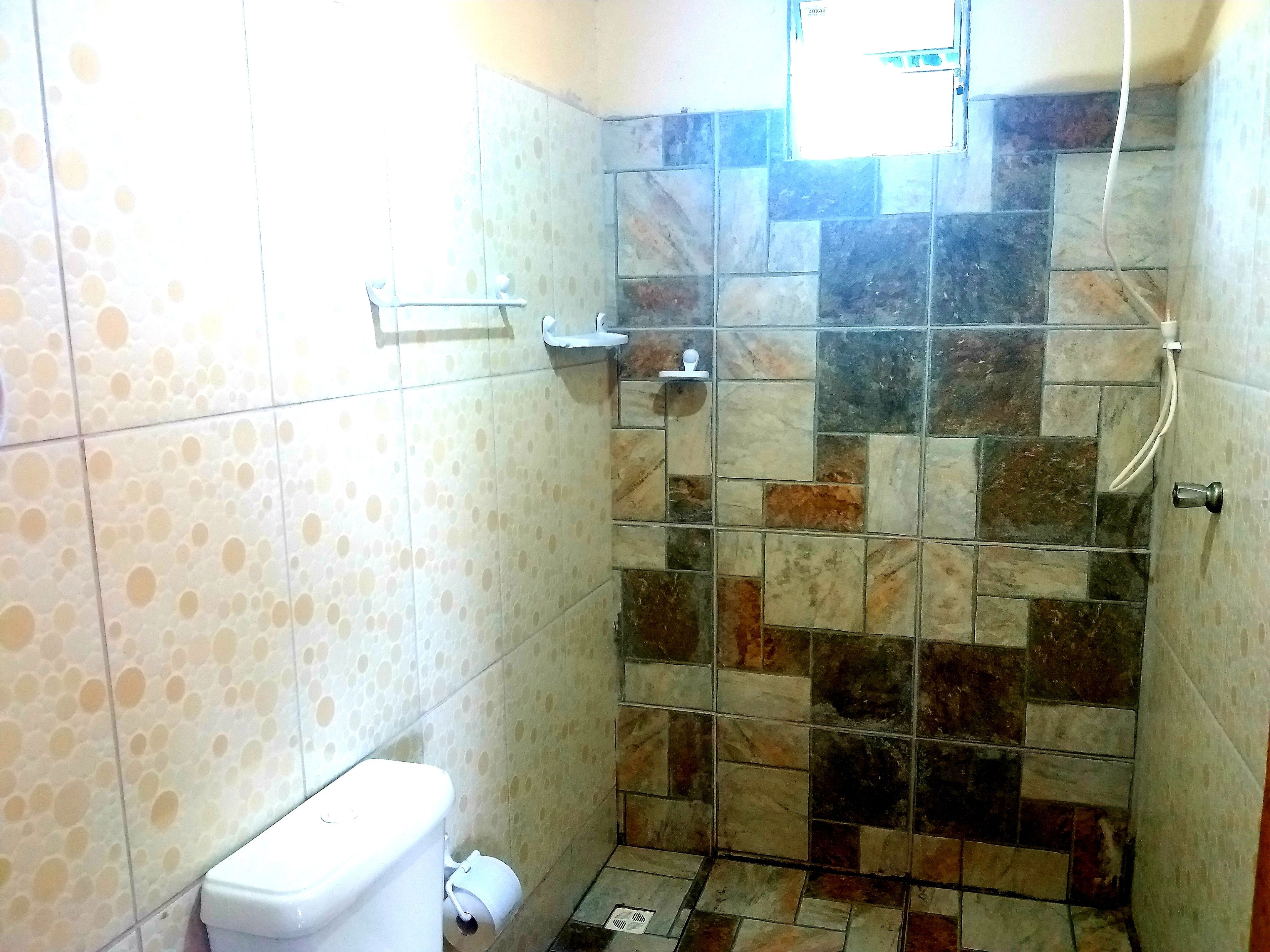 A bathroom with a toilet, a shower with a tiled wall, and a handrail.