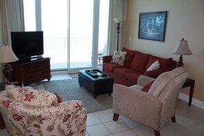 Condo, 2 Bedrooms, Balcony, Beachfront | Living area | Flat-screen TV, DVD player - Lighthouse 1405 by ALBVR (Gulf Shores)