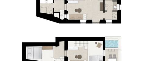 A hotel layout with a bedroom, bathroom, kitchen, living area, and a pool.