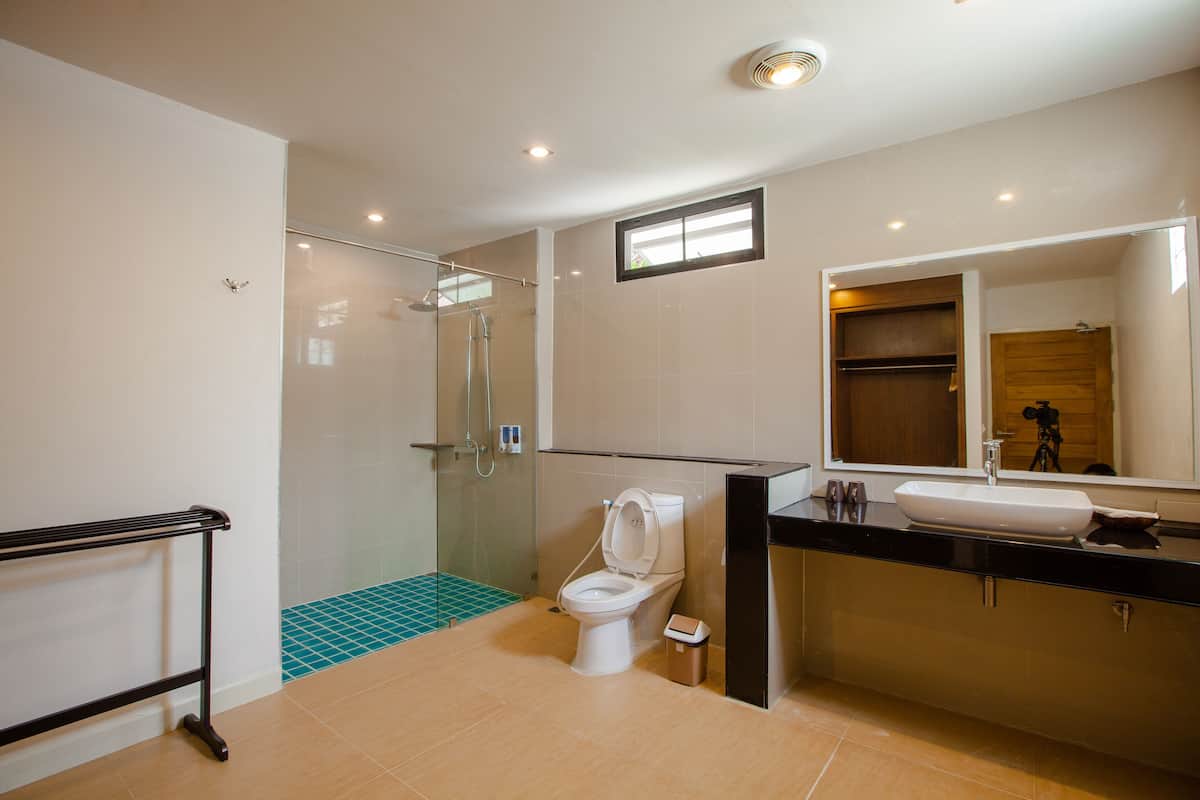 beachfront villa indoor shower  | bathroom | shower, free toiletries, towels