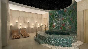 Un área de spa con un jacuzzi de mosaico, sillas de descanso y un mural.