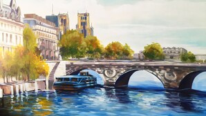 A river with a boat, a bridge, and buildings including a prominent tower. - Kaohsiung Rouen (Kaohsiung)