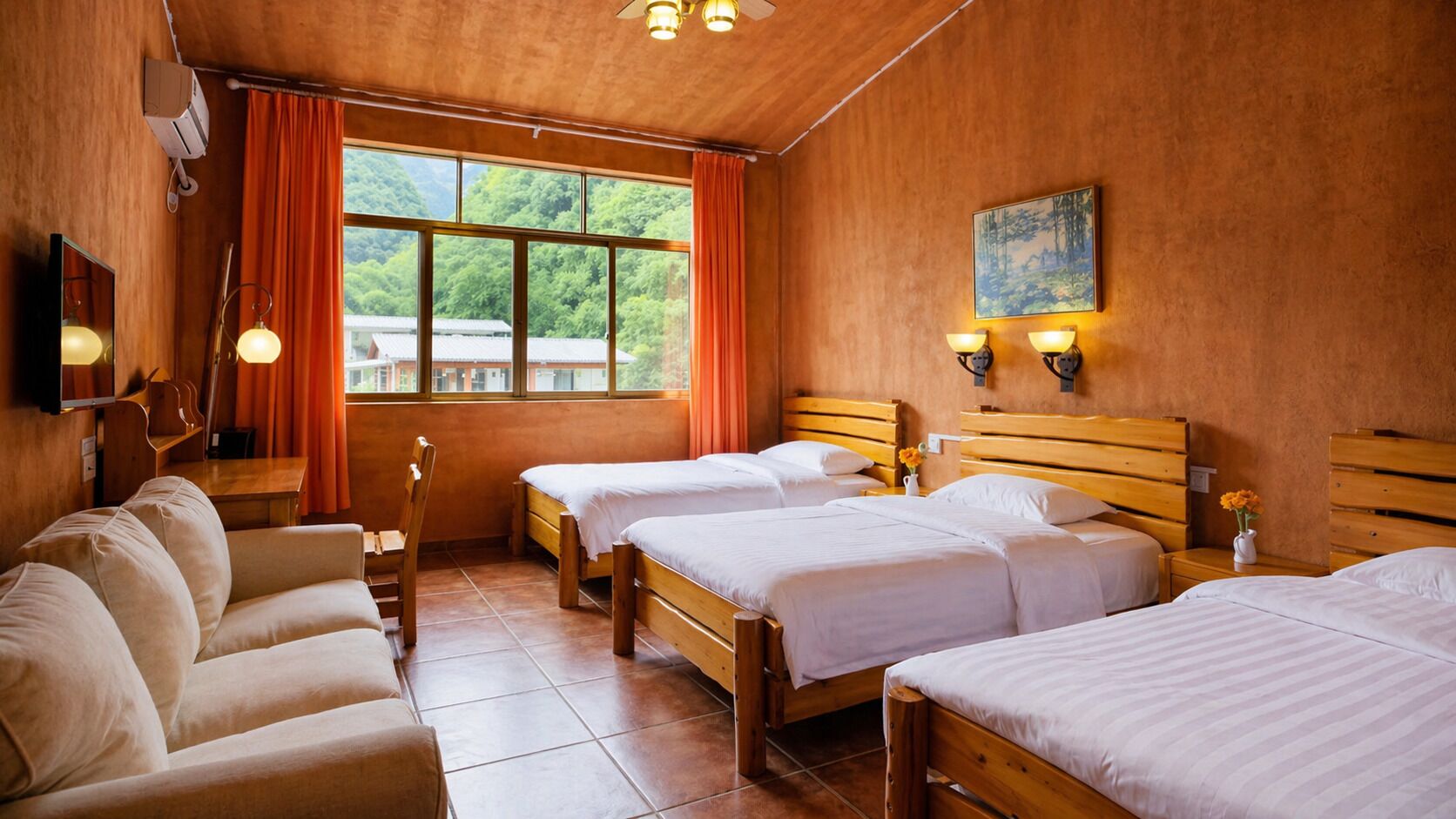 Una habitación de hotel con dos camas, un sofá, un televisor y un ventanal con cortinas.