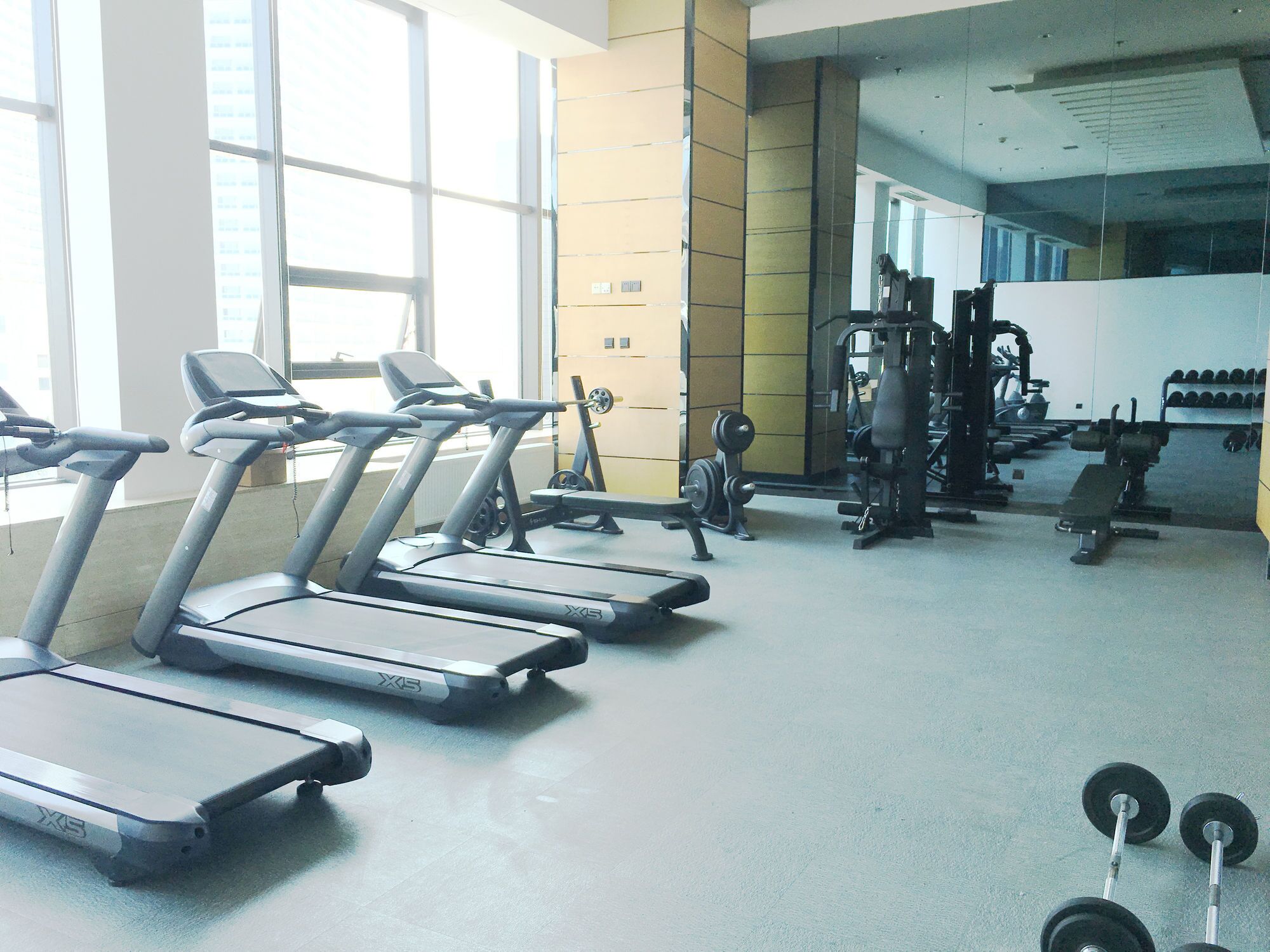 A gym with treadmills, weight machines, and dumbbells.