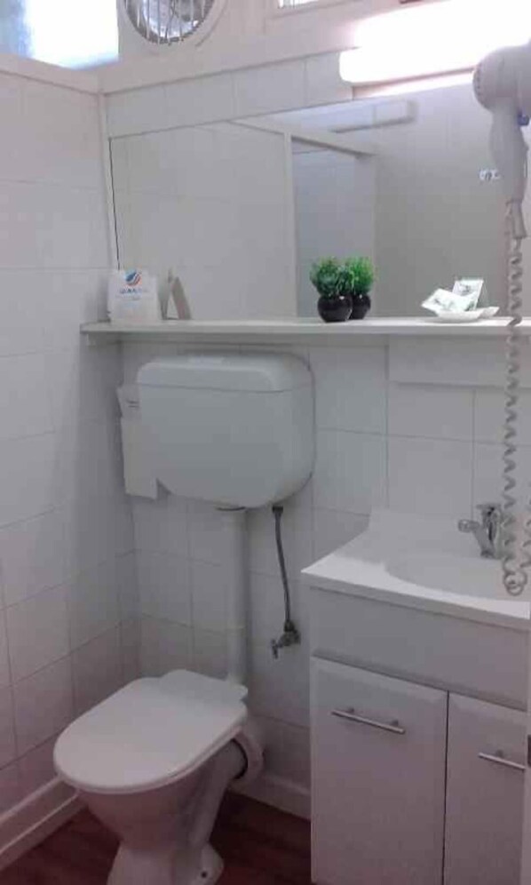 A small, compact bathroom with a toilet, a sink, and a mirror. - Donald Riverside Motel (Donald)