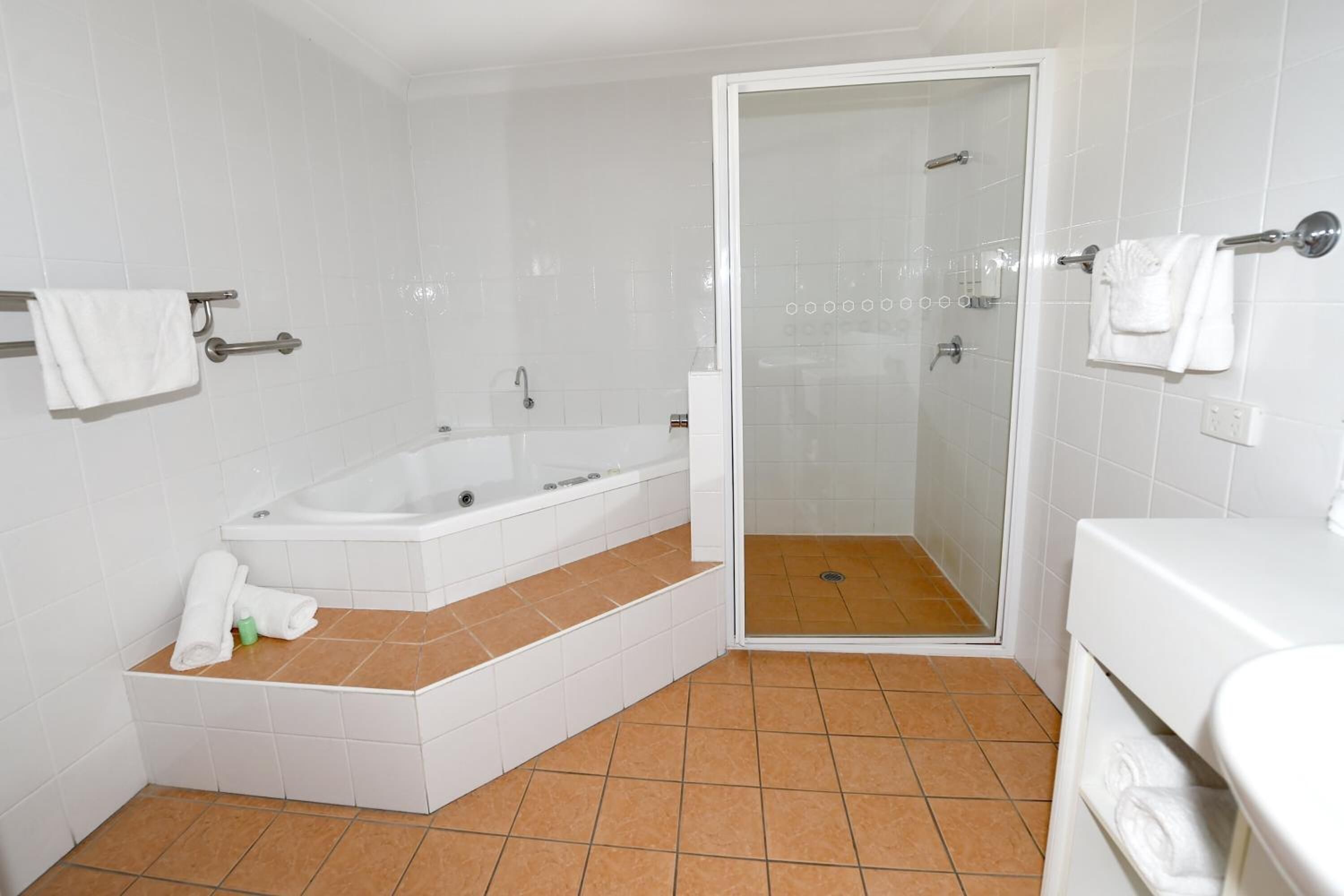 Une salle de bain moderne équipée d’une baignoire, d’une douche et de toilettes.