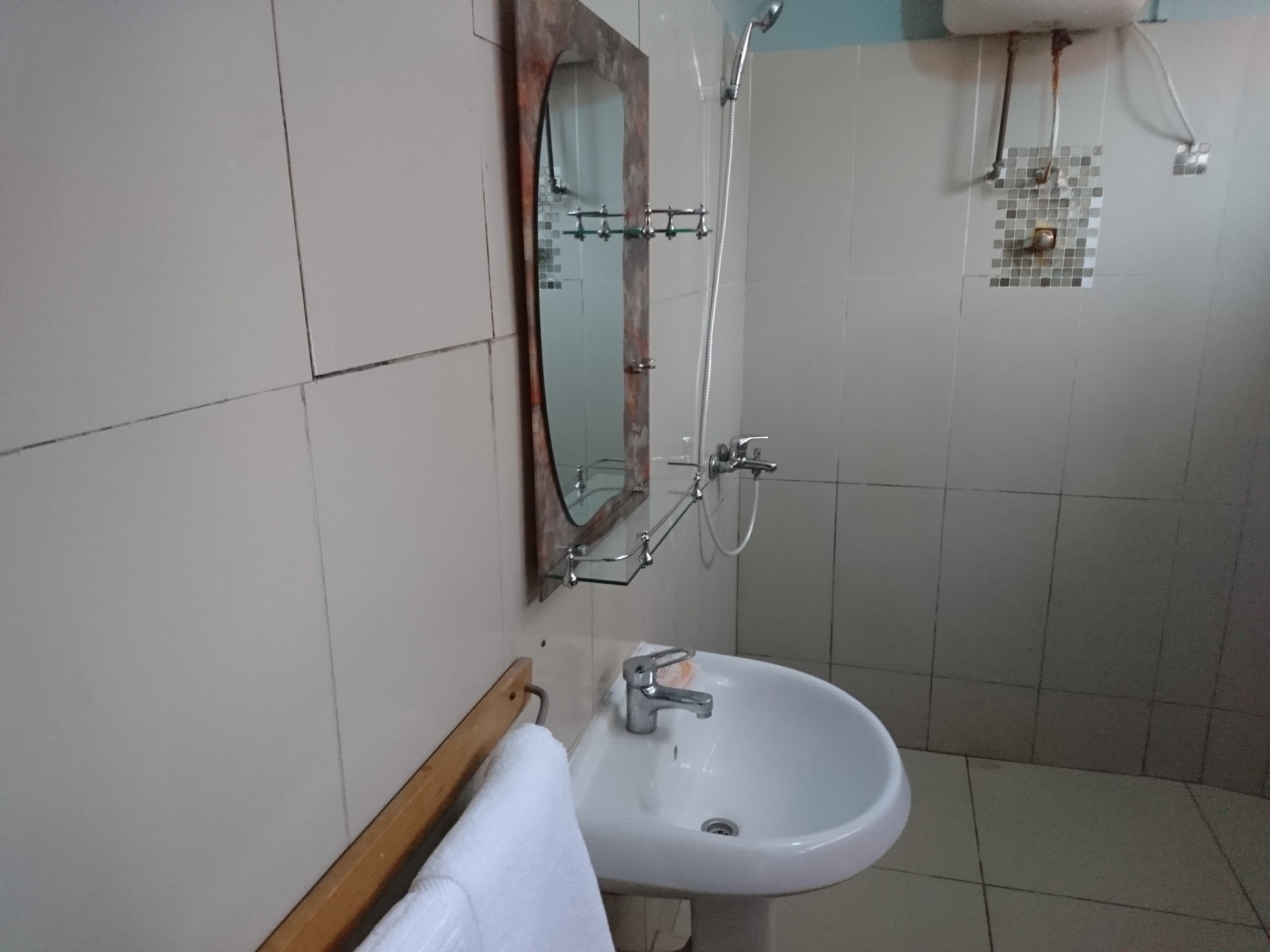 A bathroom with a white sink, a mirror, and a shower.