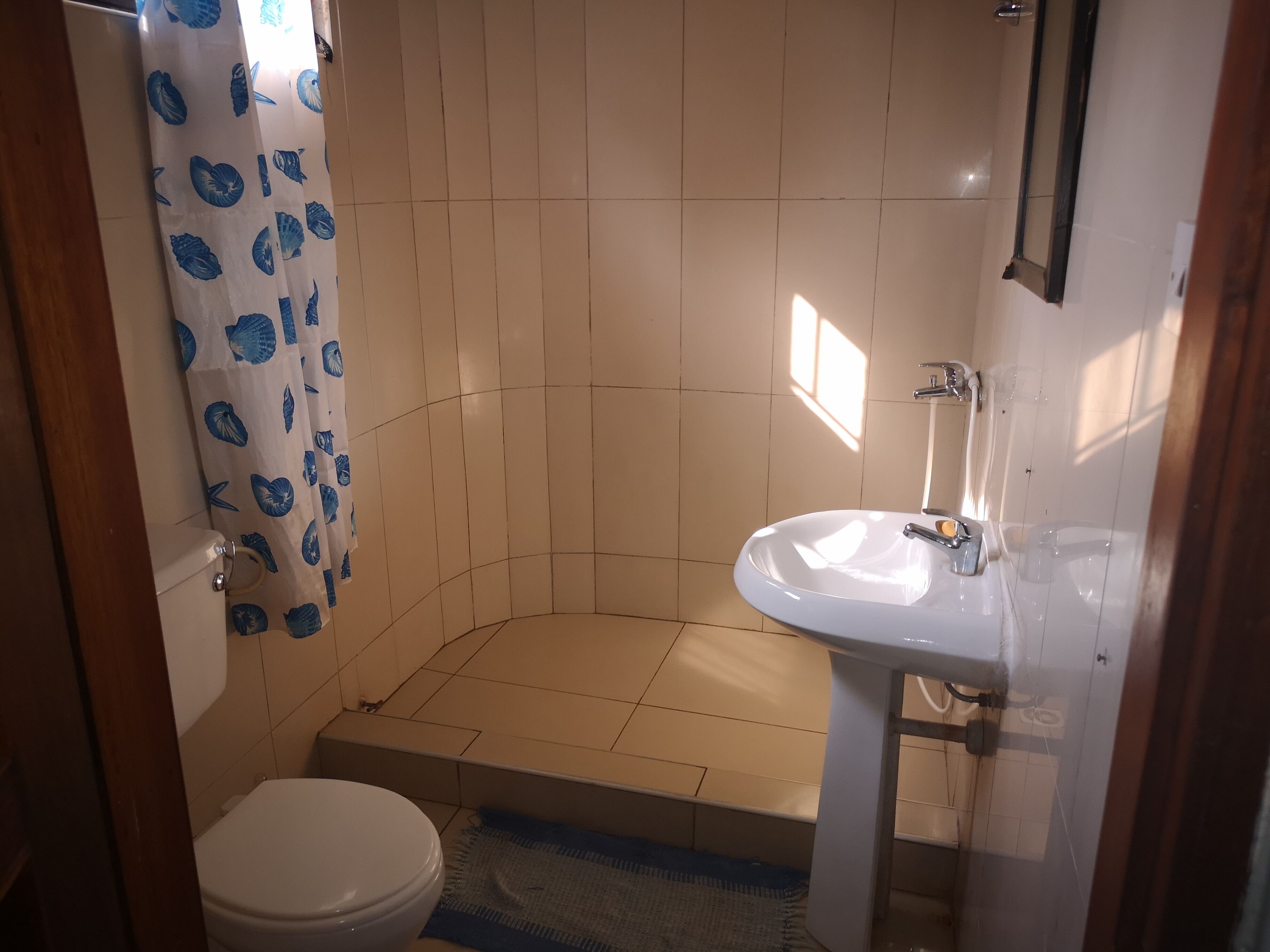 A small bathroom with a toilet, a sink, and a shower area.