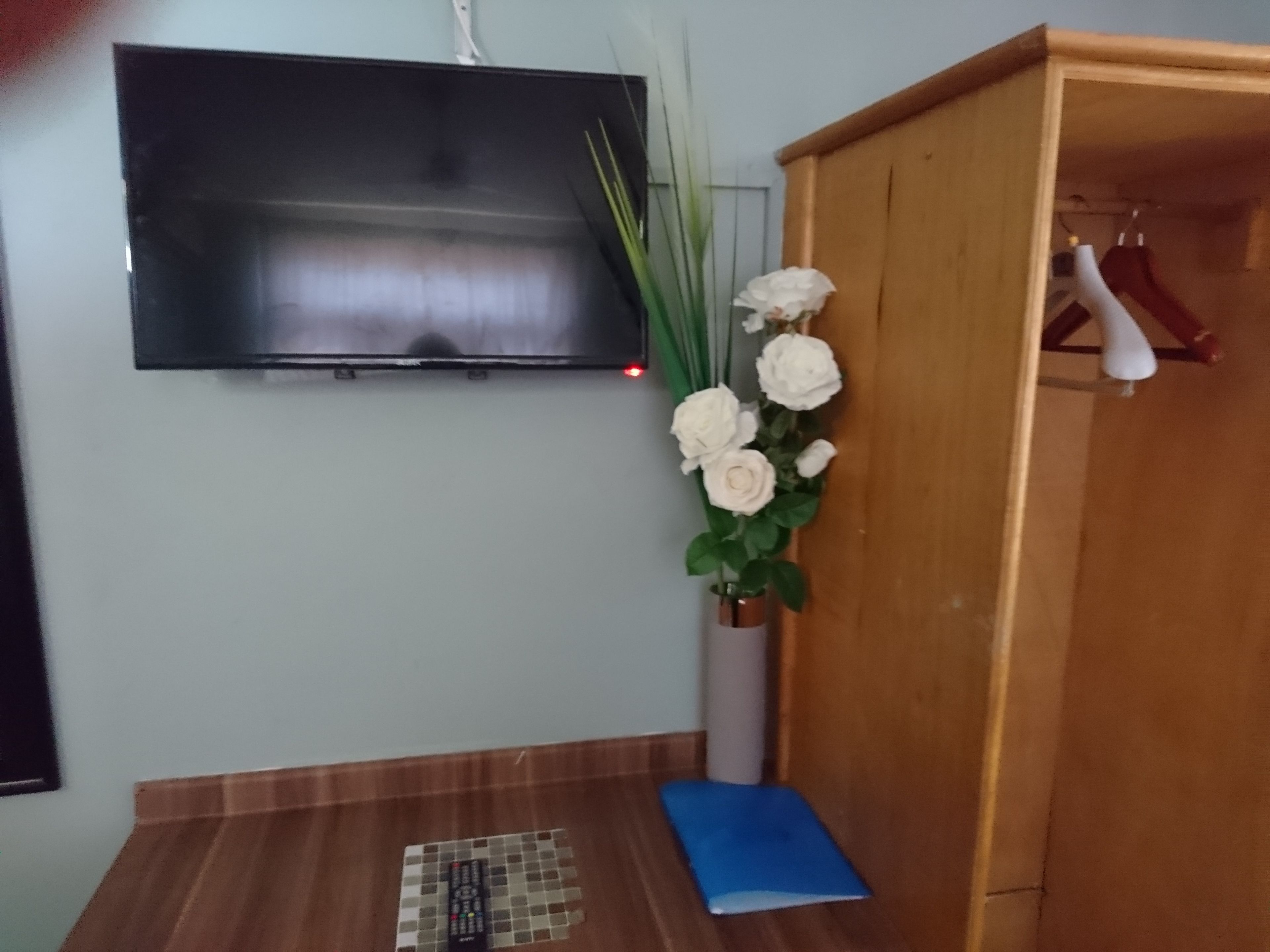 Una habitación con un televisor de pantalla plana montado en la pared, un mueble de madera, un tapete azul en el suelo y un jarrón con flores blancas.