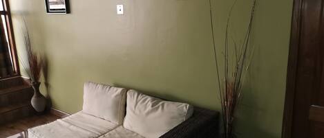 Una habitación con un sofá color beige, dos jarrones con plantas altas y dos cuadros en la pared.