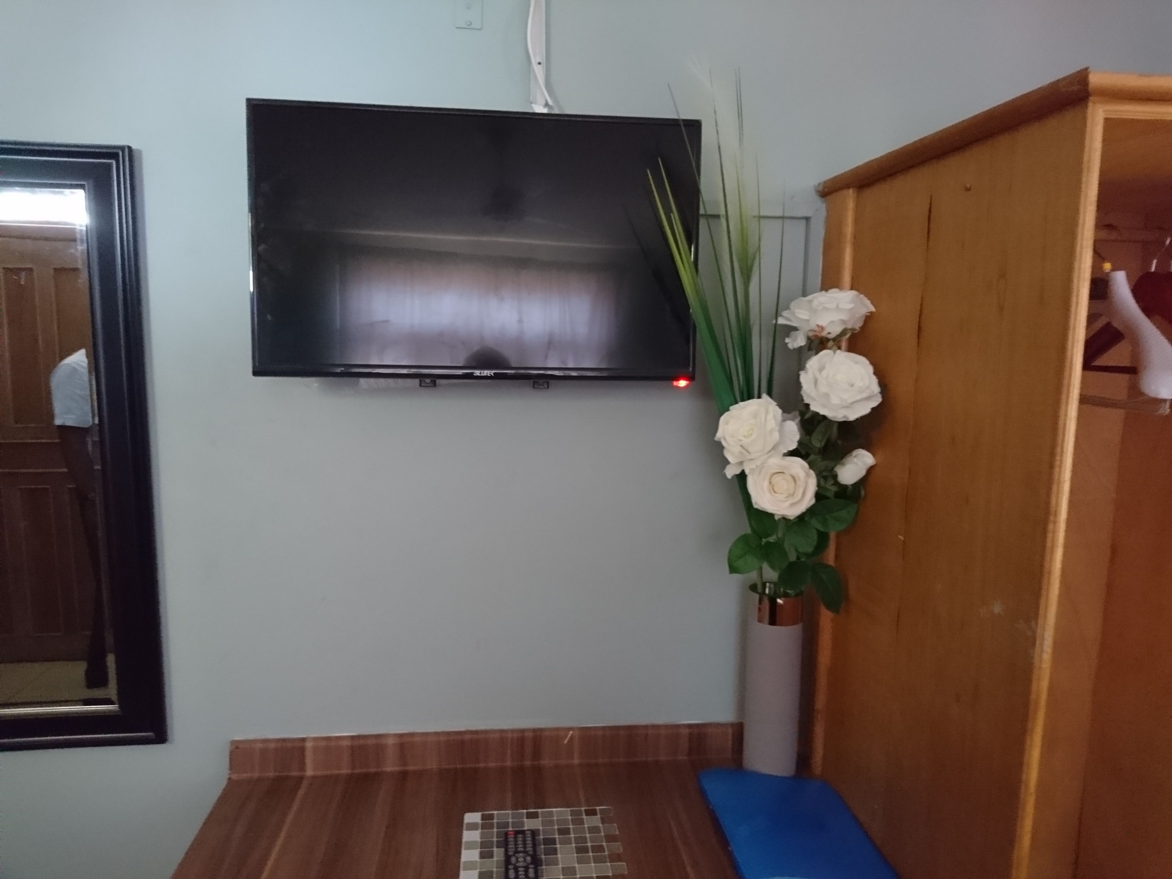 Una habitación con una televisión de pantalla plana montada en la pared, un mueble de madera, un banco acolchado azul y una planta en maceta con flores blancas.