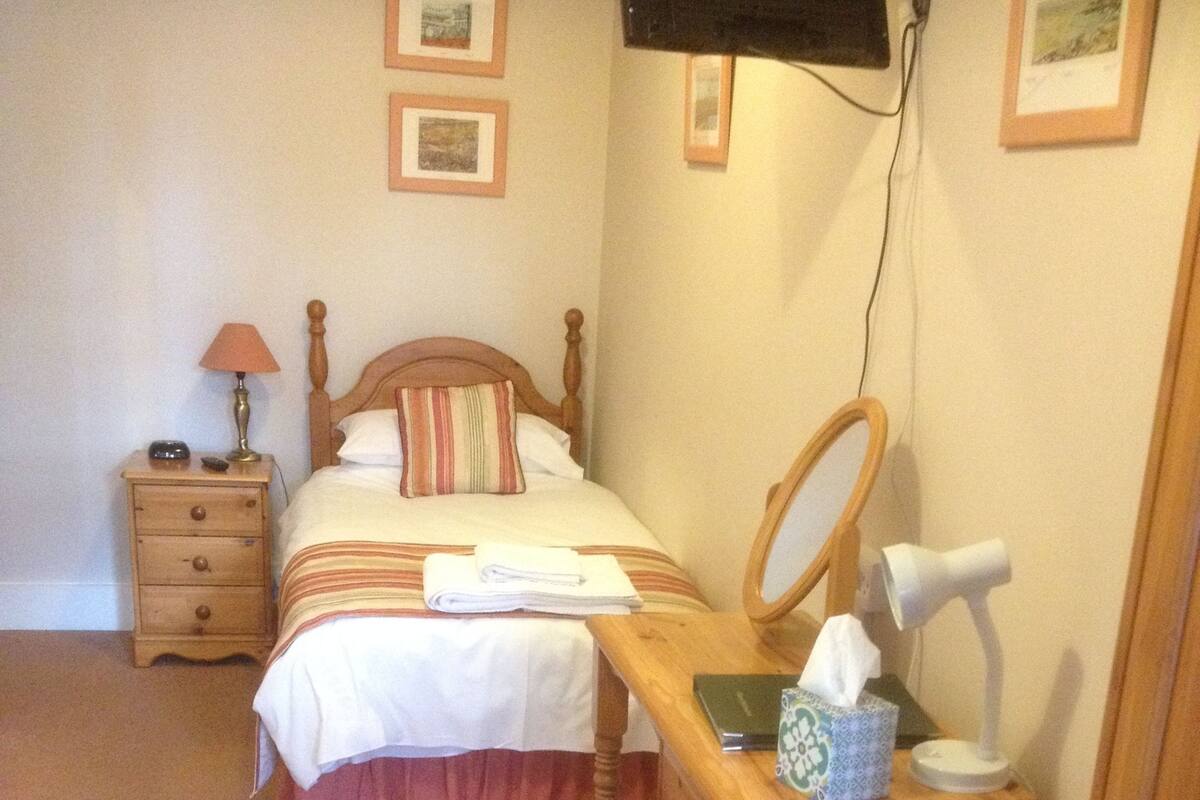 Ein Schlafzimmer mit einem Holzbett, einem Nachttisch mit Lampe, einer Kommode und einem Spiegel.