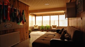 En stue med en brun sofa, to lænestole, en radiator og et loft med et geometrisk mønster. Der hænger flag på væggen, og der står to krukker med planter.