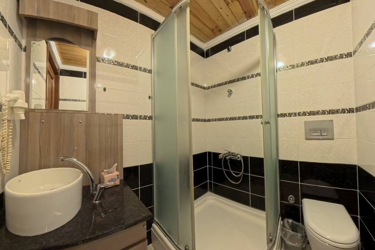 Un baño con un lavamanos blanco, una ducha con cerramiento de vidrio y un inodoro.
