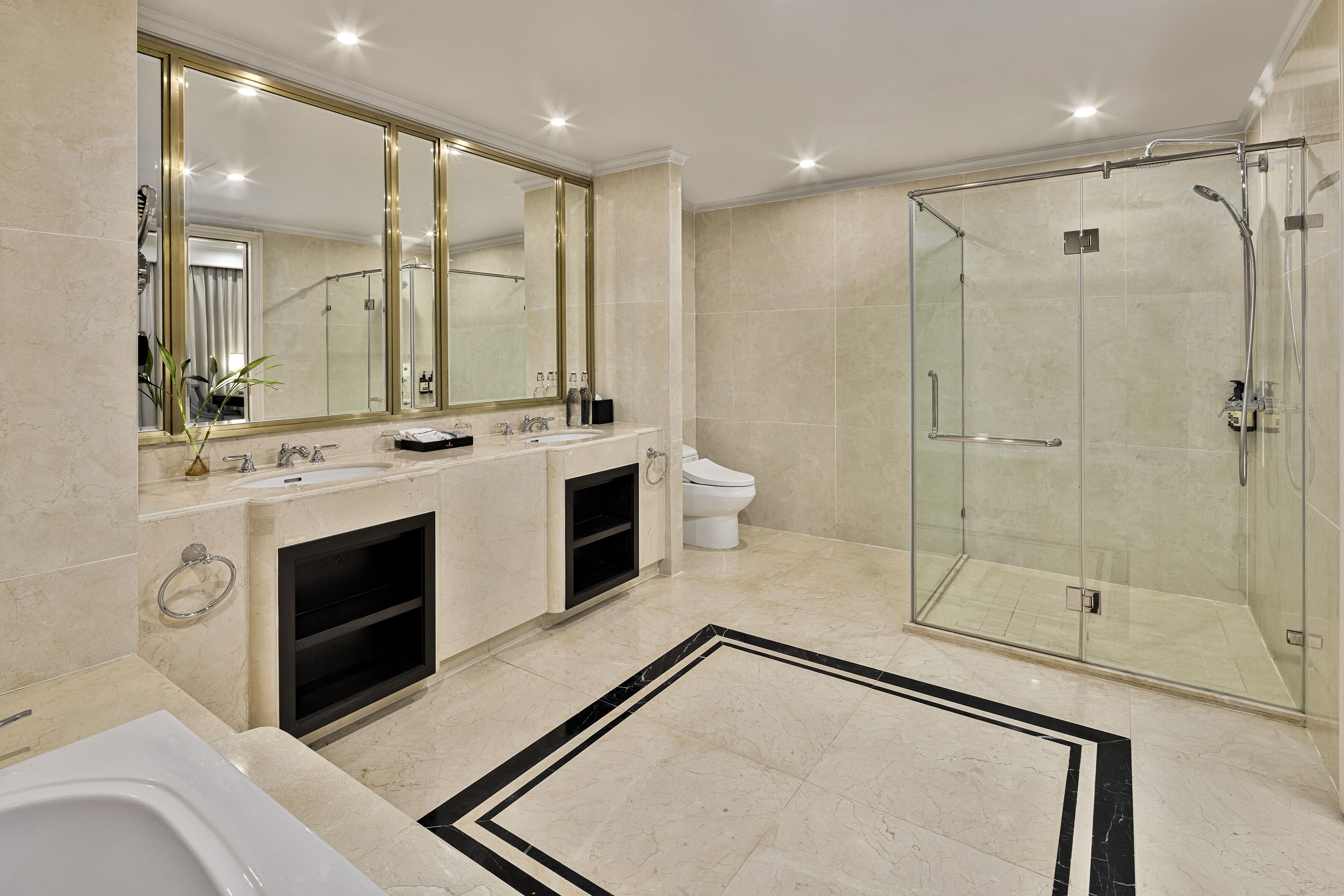 separate bathtub and shower, designer toiletries, hair dryer, bathrobes