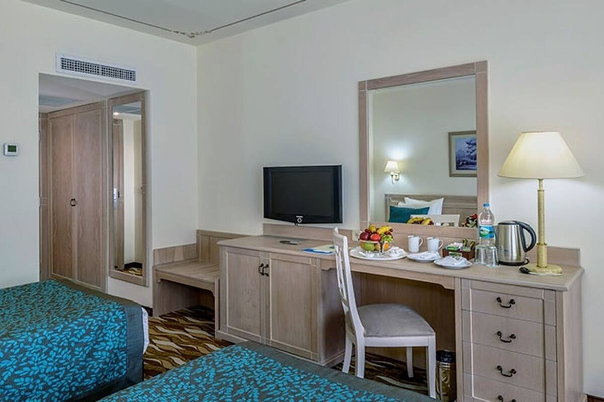 A hotel room with a bed, a desk with a chair, a television, a mirror, and a lamp.