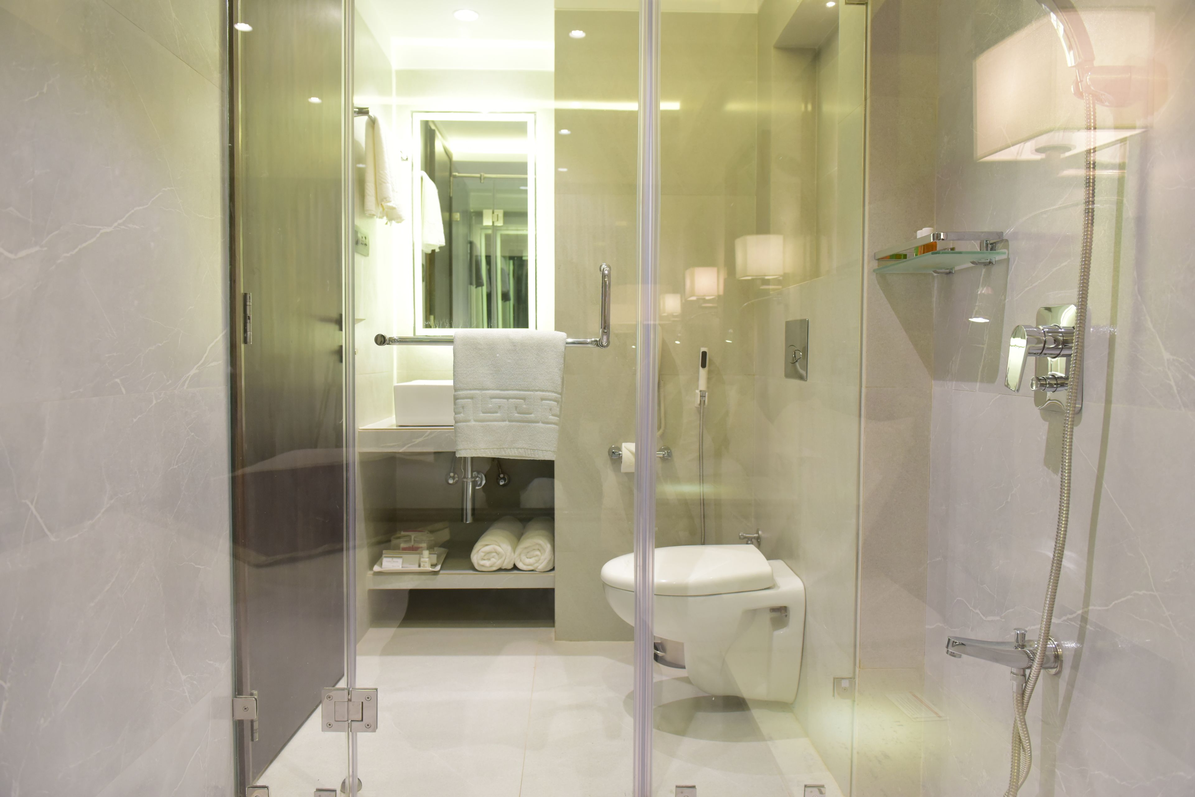A modern bathroom with a glass-enclosed shower, a toilet, and a sink with a towel rack.