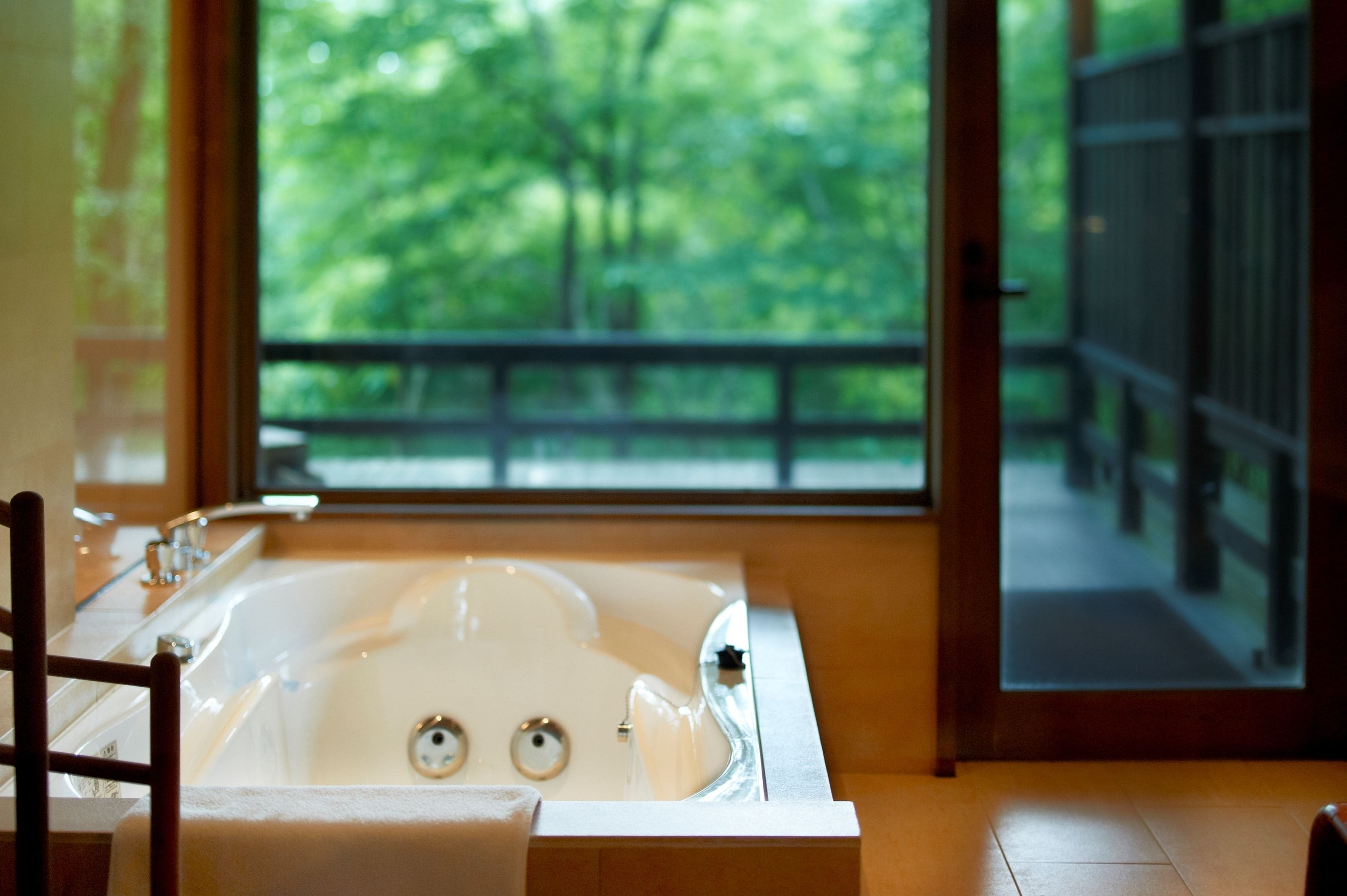 Separate tub and shower, jetted tub, free toiletries, hair dryer