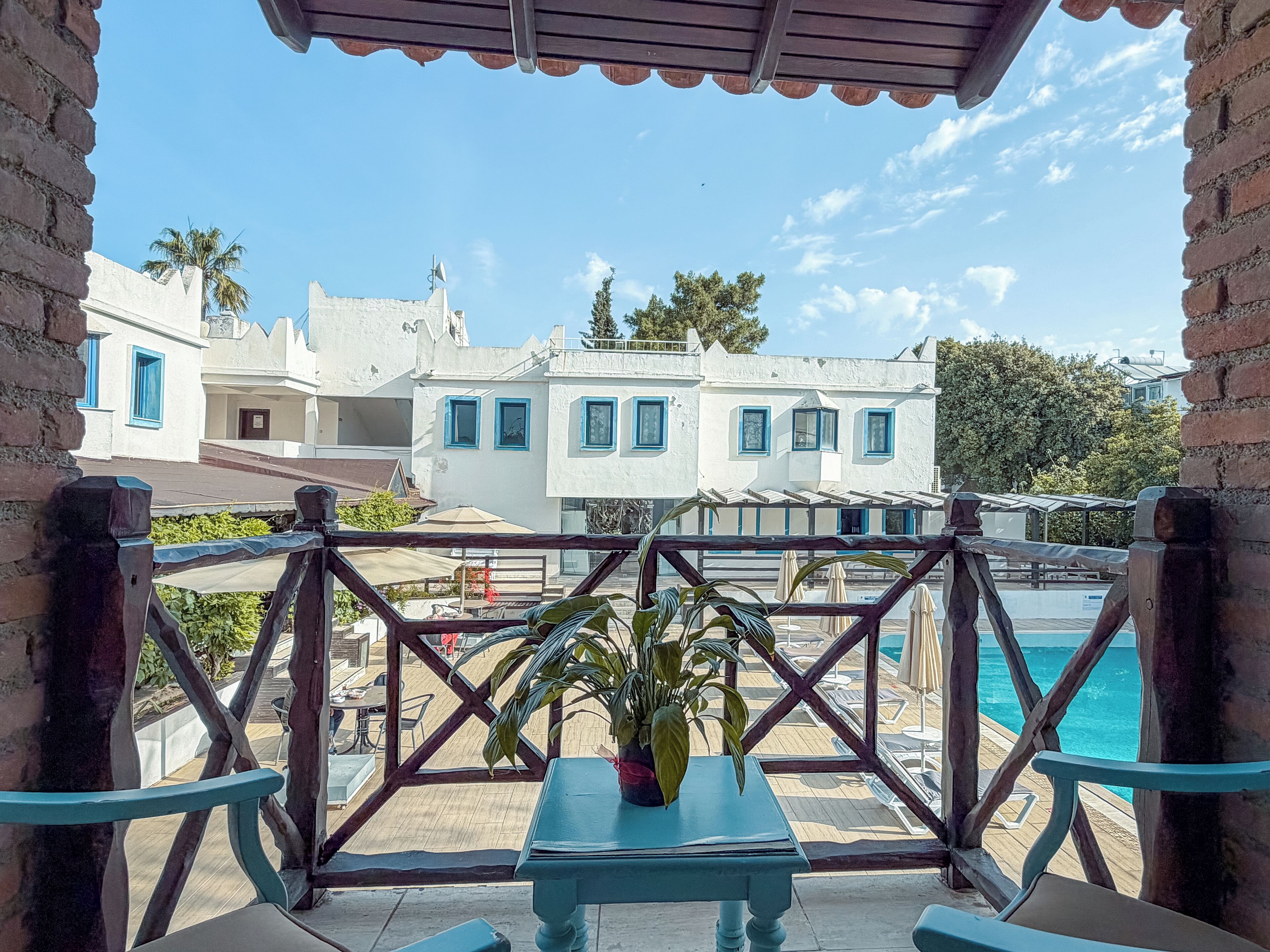 A terrace with a view of a white building with blue accents, a pool, and a potted plant.
