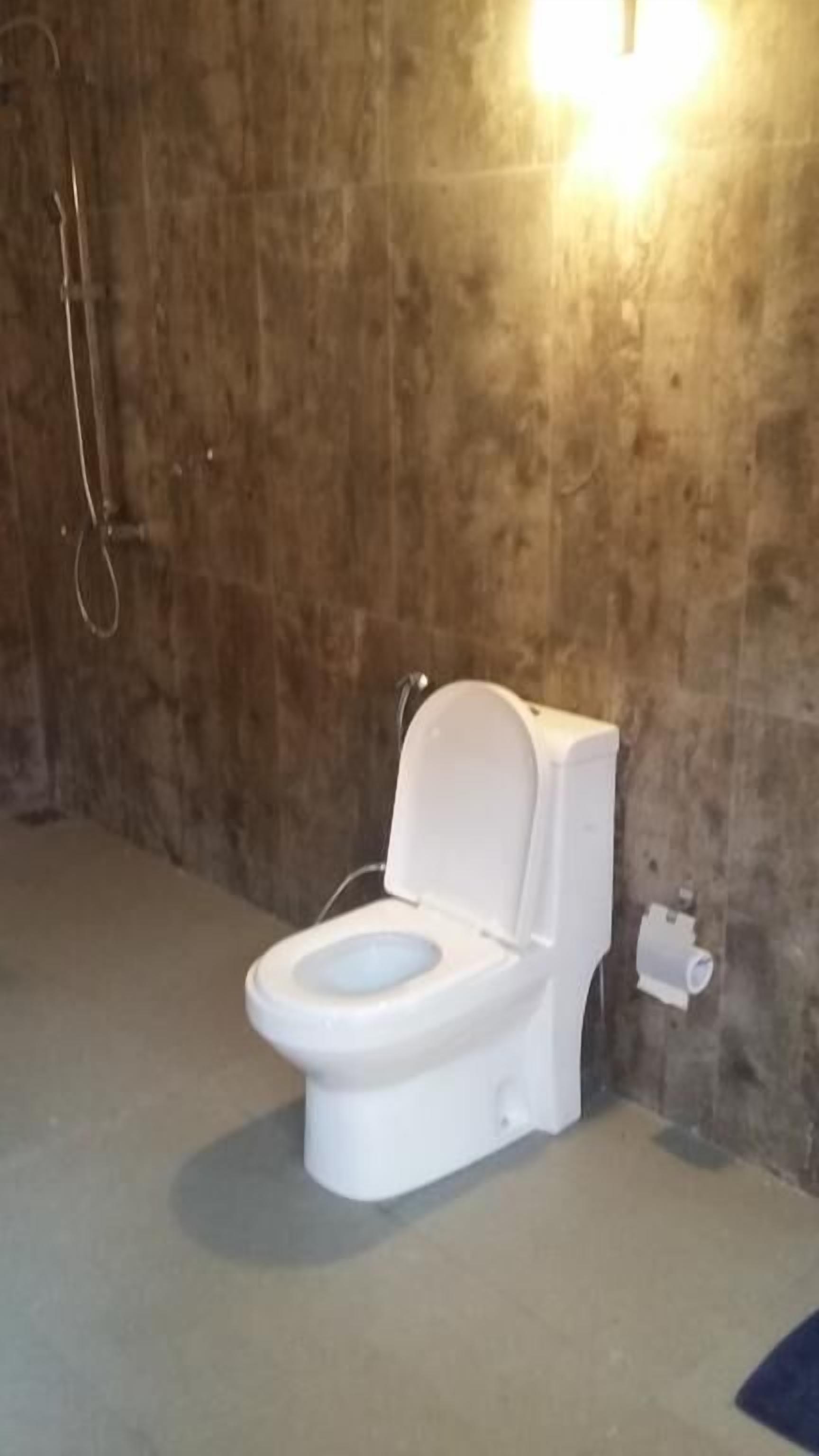 Eine weiße Toilette in einem Badezimmer mit einer Holzwand und einer Leuchte darüber.