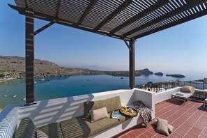 Honeymoon Studio Suite, 1 Queen Bed, Balcony, Sea View (private terrace) | Beach/ocean view - Maris Lindos, Suites and Apartments (Rhodes)