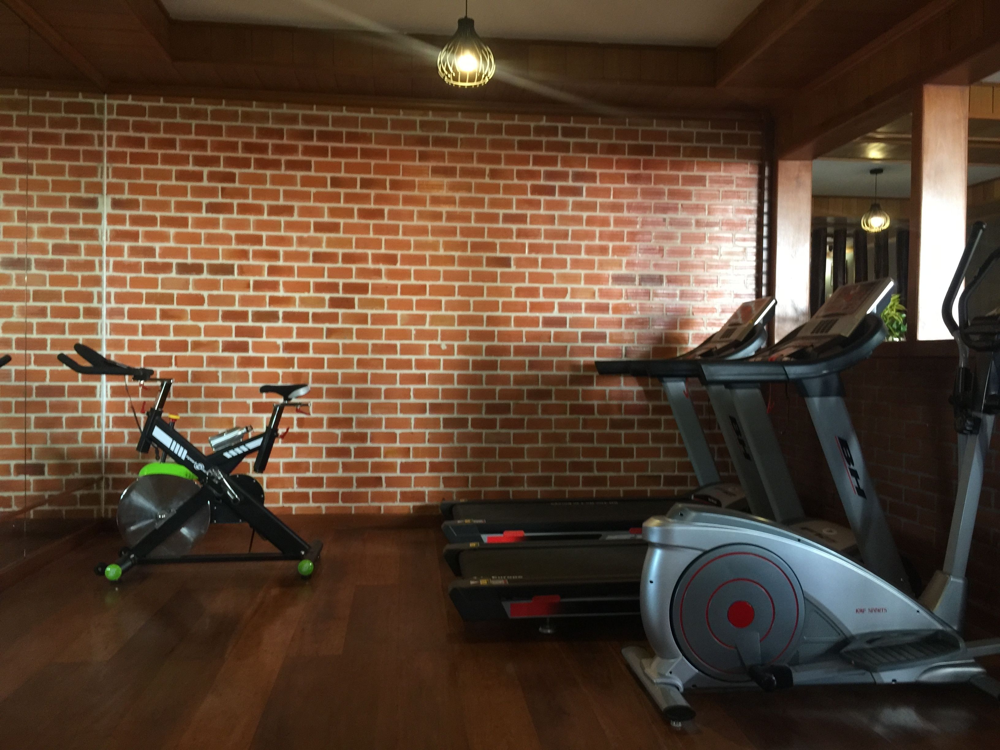 A gym with a brick wall, a stationary bike, a treadmill, and an elliptical machine.