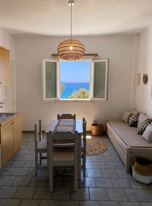 Apartment, 1 Bedroom, Sea View | Private kitchen | Full-size fridge, electric kettle, toaster, cookware/dishes/utensils - Agnadi Syros Beachfront Studios & Rooms (Syros)