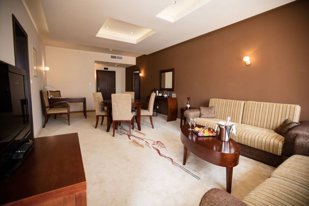A living room with a sofa, armchairs, a coffee table, a TV, and a dining area with chairs and a table.