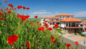 Un hotel con varias edificaciones blancas, techos de tejas rojas y un campo exuberante de amapolas rojas en primer plano.