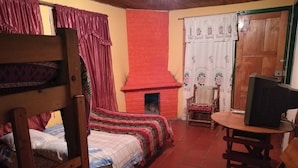 Una camera accogliente con un letto, una sedia di legno, una televisione e un camino.
