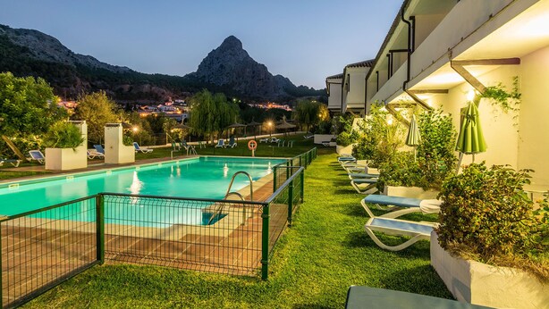 Un espace piscine offrant une vue sur une montagne, agrémenté de chaises longues et de verdure.