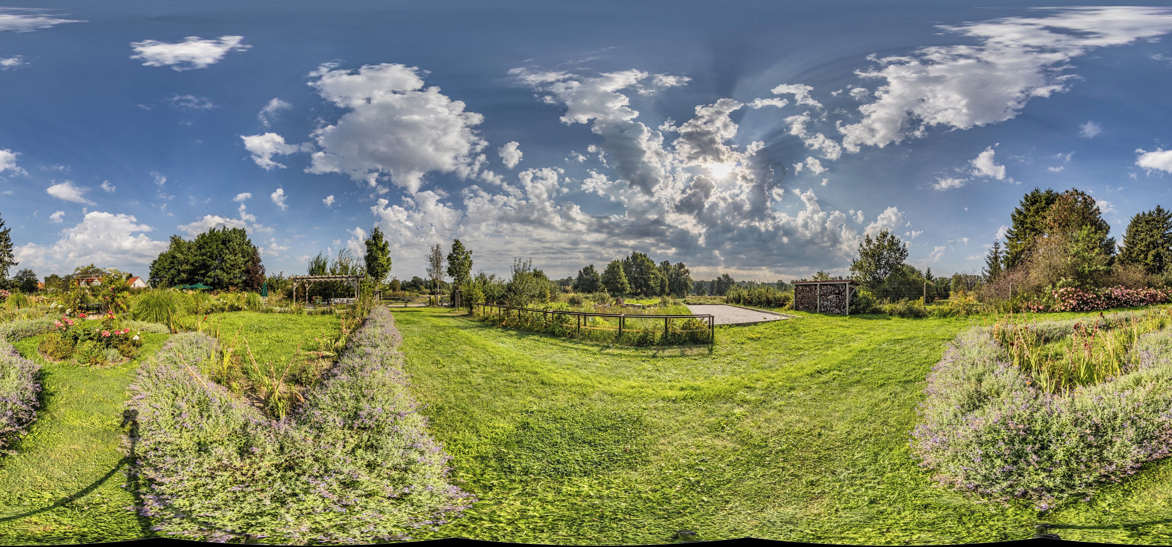 A panoramic view of a lush green park with a wooden deck, surrounded by trees and a clear sky.