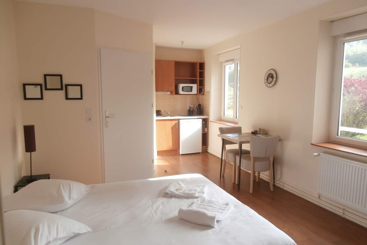 A bedroom with a bed, a desk, and a view of the kitchen.