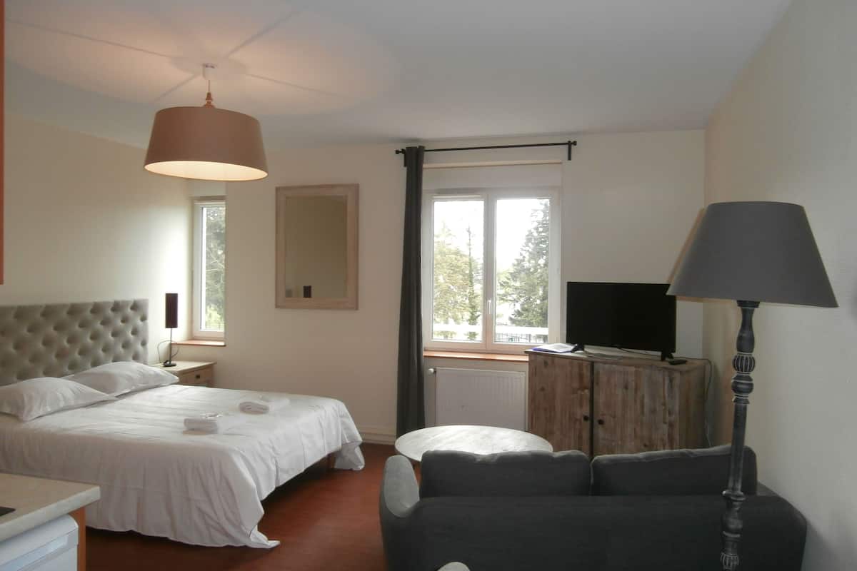 A bedroom with a bed, a desk, a chair, a television, and a window with a view of trees.