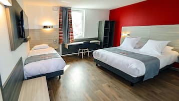 Desk, blackout drapes, soundproofing, iron/ironing board