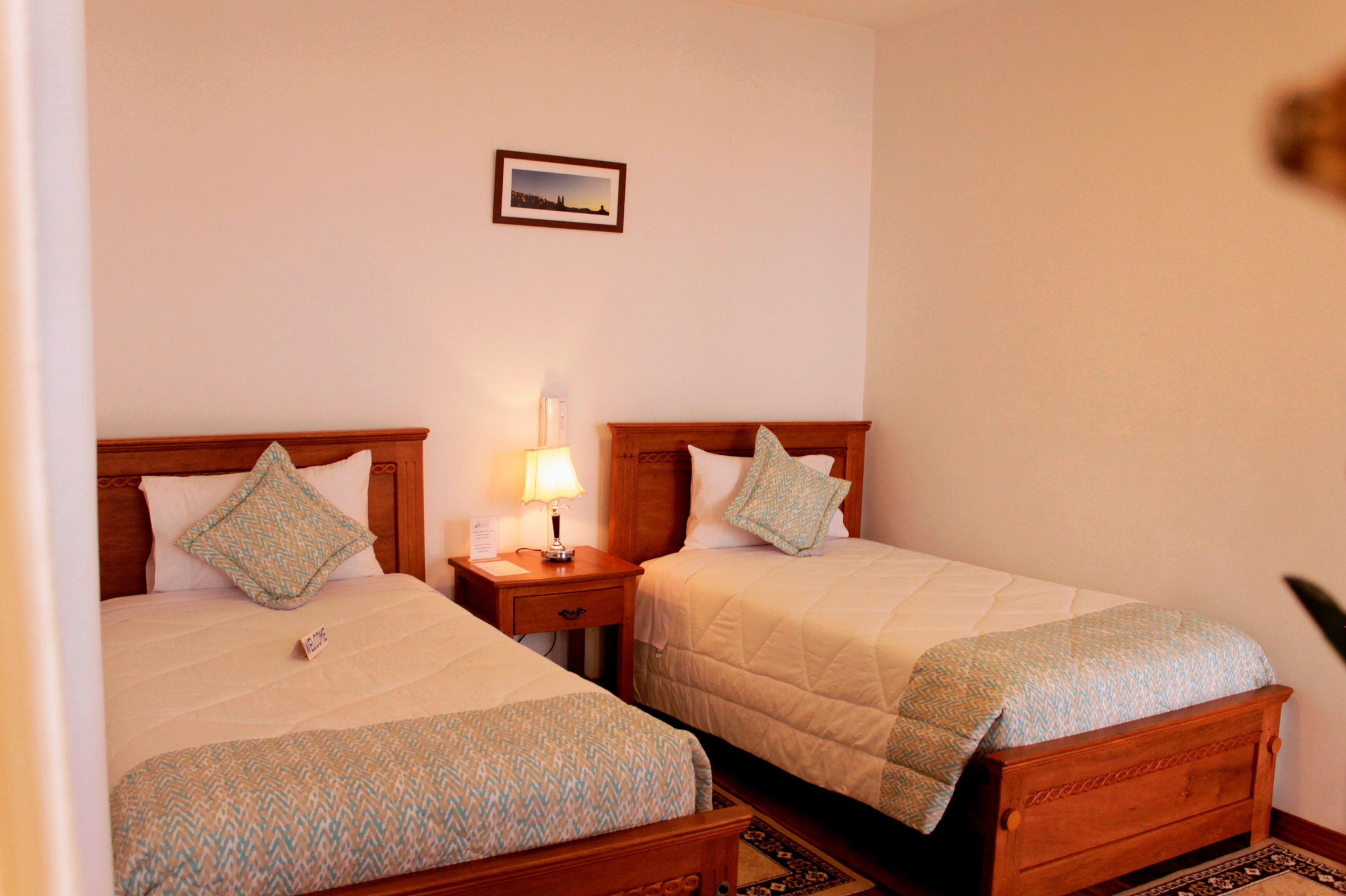 Una habitación de hotel con dos camas individuales, una mesita de noche con lámpara y un cuadro en la pared.