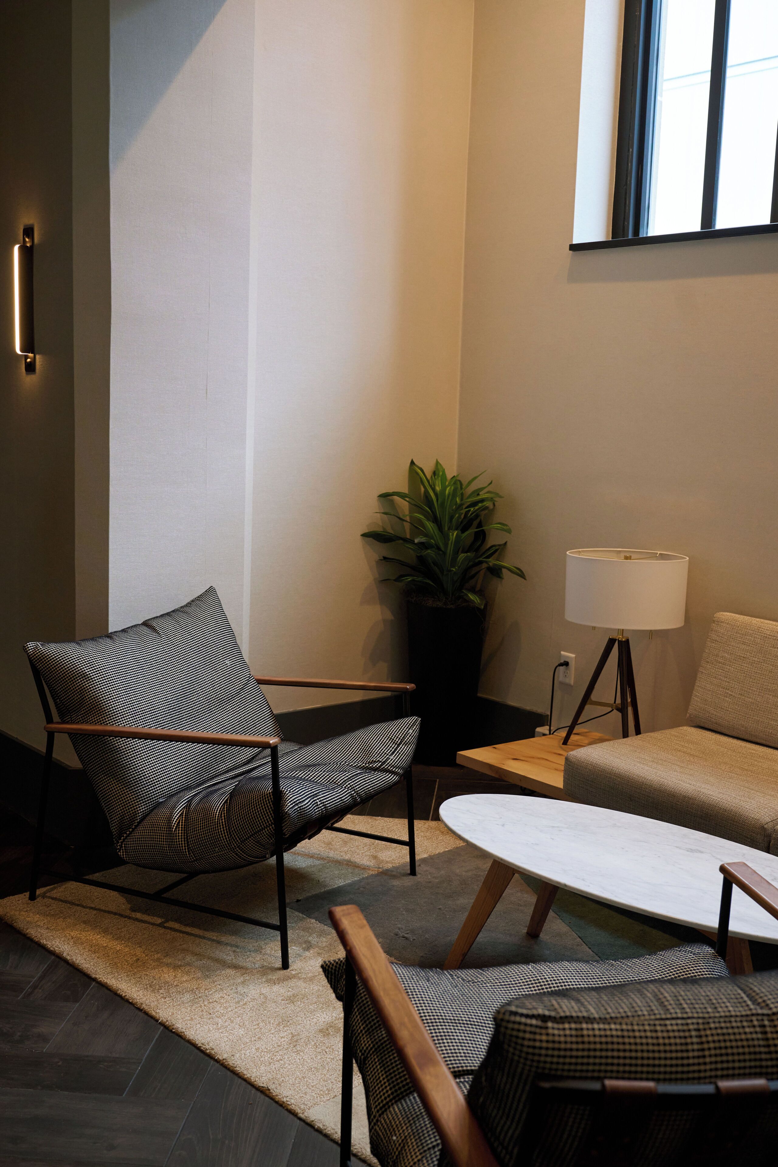 A modern living room with a sofa, armchairs, a coffee table, a floor lamp, and a potted plant.